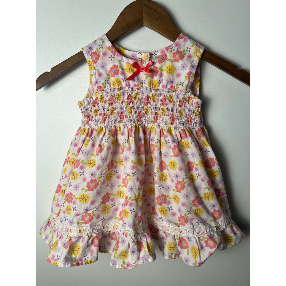 Brooksfield Floral Smocked Dress Toddler Girls 3T White Pink Yellow Ruffle Lace